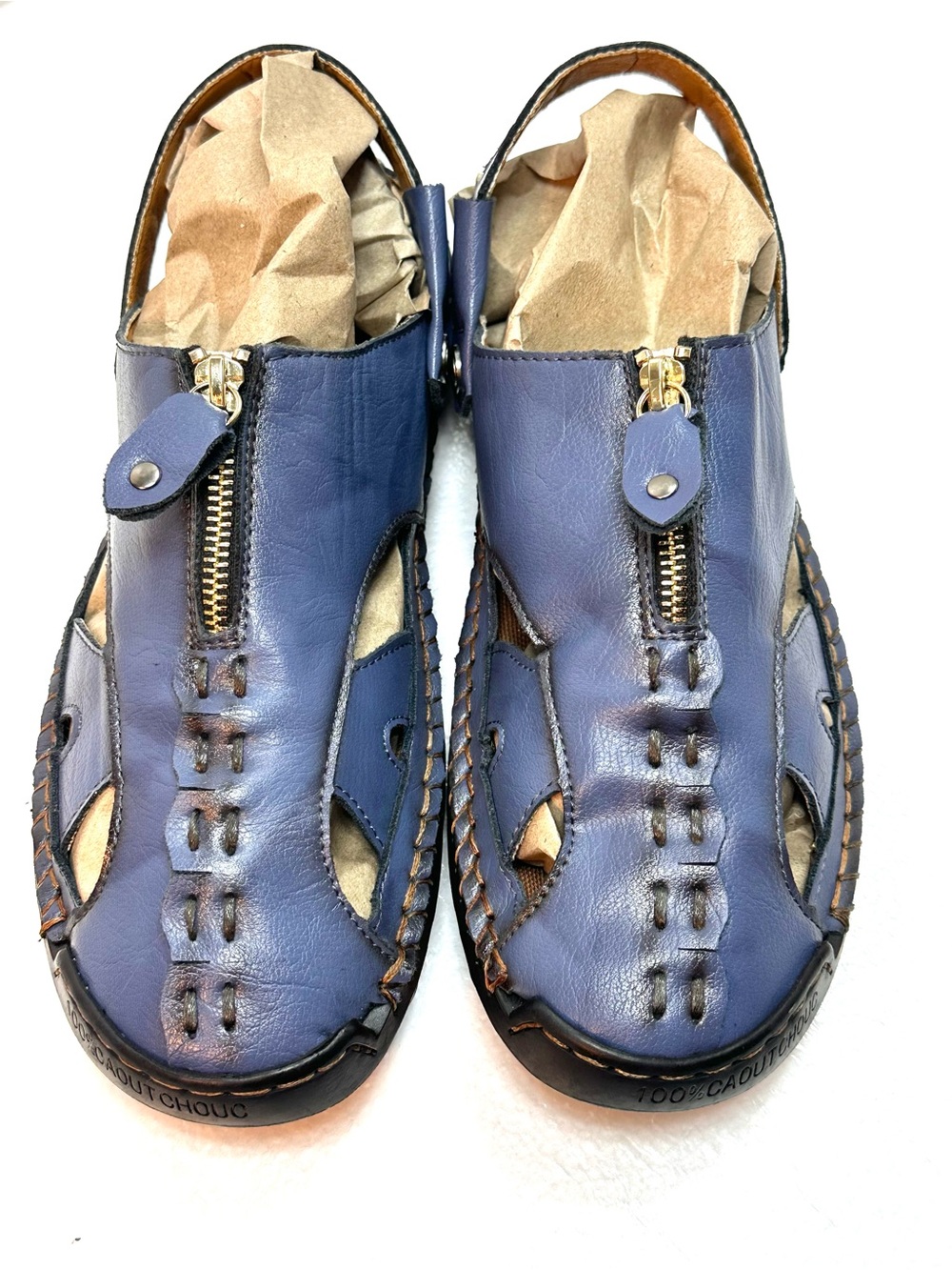 Fisherman’s Blue Leather Zipper Slip On Closed Toe Sandals 42 New